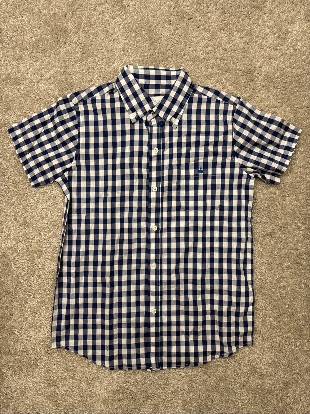 Boy’s Short-Sleeve Blue and White Gingham Button-Down Shirt
